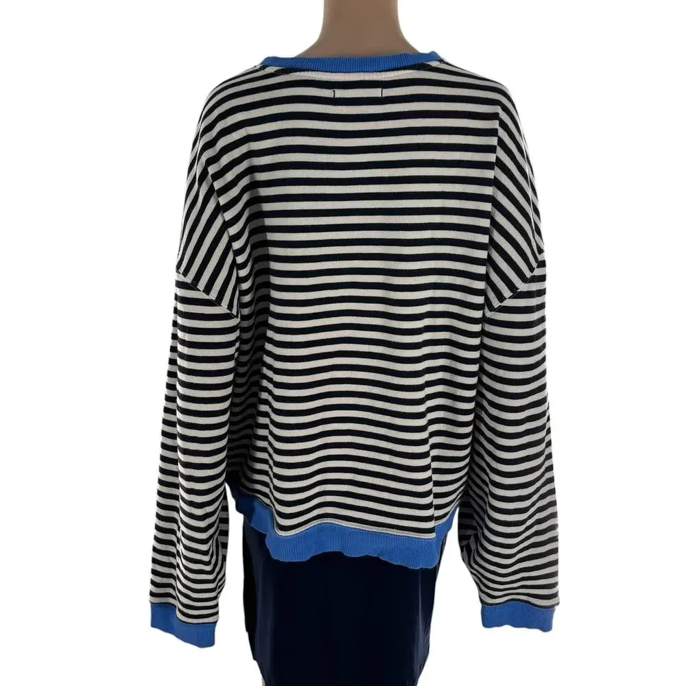 Free People We The Free Black Classic Striped Contrast Crew Sweatshirt